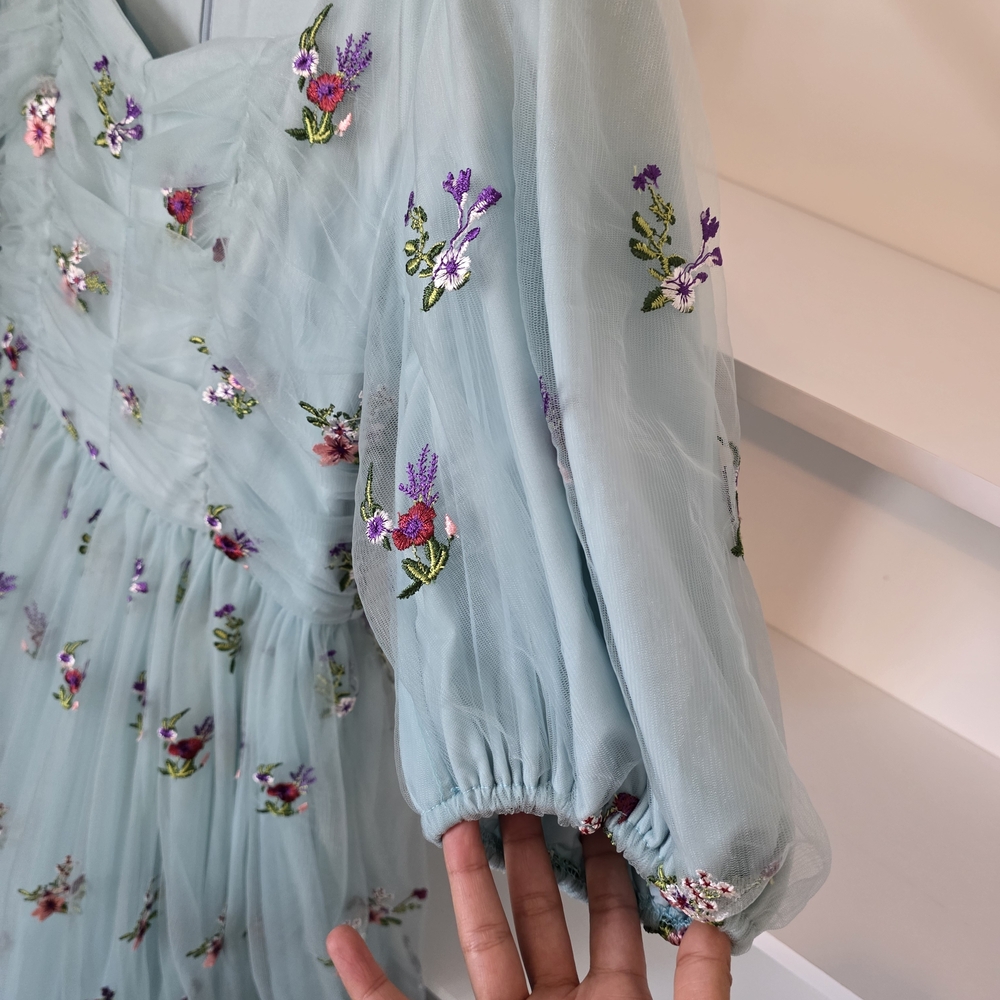 Jessakae Blue Embroidered Tulle Maxi Dress Cottagecore Princess S - Picture 4 of 5
